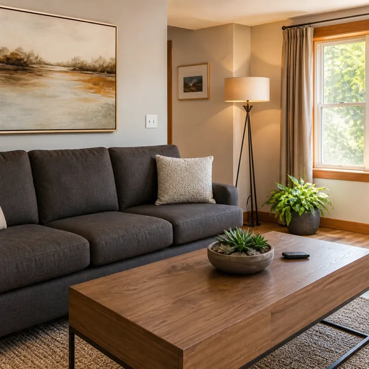 A concrete-framed living room with soft furnishing