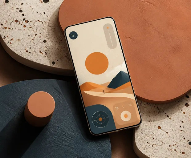 A phone resting on layered geometric surfaces
