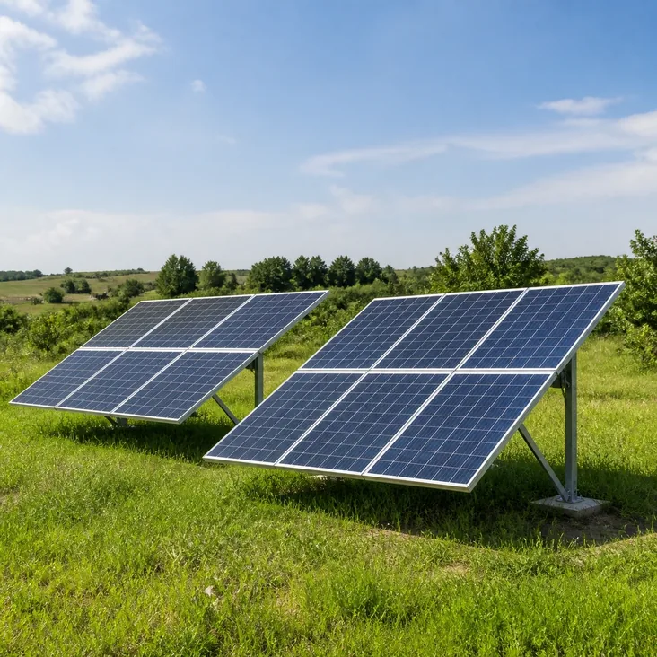 Rows of photovoltaic arrays in early sun