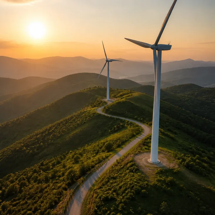 Aerial view of turbines on rolling farmland
