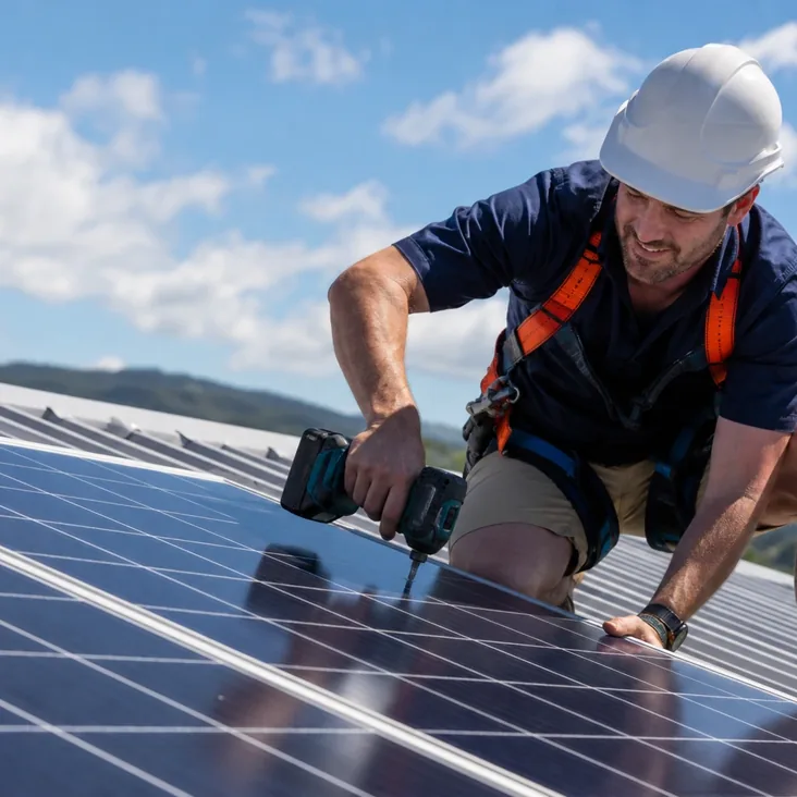 A technician working on a rooftop array